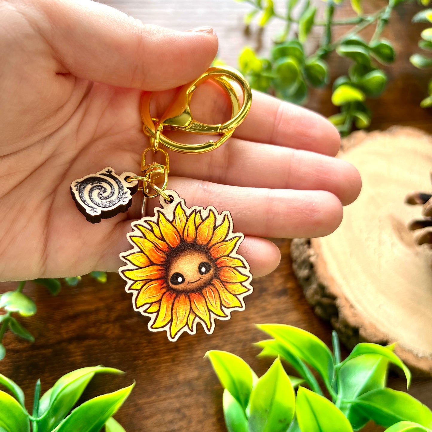 Saffy the Sunflower Wooden Keyring